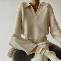 Ženski pad fenjer dugih rukava V izrez pulover džempere rever ovratnik casual comfy labavi utočani pleteni džemper obrezani vrhovi