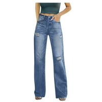 Huaai ženski gumb High Squik džep elastične čvrste boje traperice Slim traper hlače plus veličine pantalone