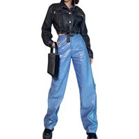 Lizxun ženske kožne hlače visoki džepovi struka labave ravne ležerne pantalone