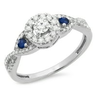 Kolekcija Dazzlingock 10k Round Blue Sapphire & Bijeli dijamantni kamen Swirl Halo Bridal zaručni prsten,
