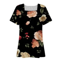 Ženski bluze Ženska modna casual kvadratna vrata cvjetna tiskana majica kratkih rukava Top Black XXXL