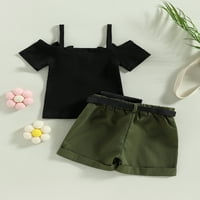 Izhanske modne dječje djevojke ljetna odjeća s ramena kratkih rukava kratkih kratkih kratkih kratkih hlača i vrećica od struka Crni 9- mjeseci