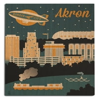 Akron, Ohio, Retro Skyline Birch Wood Zidni znak
