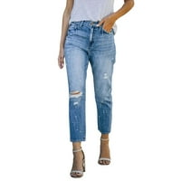 Žene visokog struka rippani dečko vitke FIT Jeans Frayed Nestrpljive rastezmerne traper hlače plavo