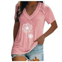 Majice kratkih rukava za žene labave fit v vrat Ležerne majica majica Dandelion Print Tops