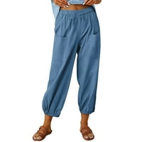 Ženske pamučne posteljine hlače Striight noga elastične pantalone sa džepovima sa sobnim bojama sa lounge