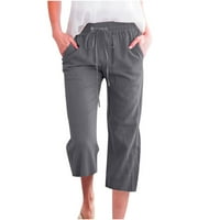 Capri pantalone za žene Ljeto Čvrsto pamučne posteljine casual obrezane pantalone nacrtaju elastričnu struku plaža Capris ženske kapri hlače za žene sa džepovima, tamno siva & xxl