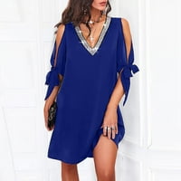 Tkinga modna ženska ljetna casual čvrsta labava majica haljina V izrez sljepljena rukava mini plaža plava m