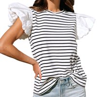 Ženske majice Striped tiskani kratki kratki rukovi Thirts o o-vratu Summer Fashion Labavi nagli elegantni