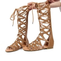 Kakina s sandale za žene, ljetne žene dame stanovi koljena visoke čizme za spajanje cipela smeđu, 7