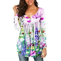 Juebong ženske cvjetne tuničke tipke gore u vratu dugih rukava s dugim rukavima The bluze T-majice Plus