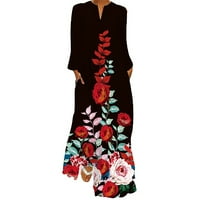 Ženska haljina digitalna tiskana dugačka haljina V-izrez sa džepovima haljina s dugim rukavima Trendy