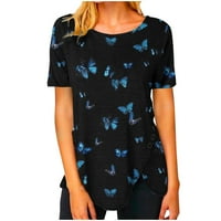 Bluze kratkih rukava za ženske tipke Leptir Okrugli majica za vrata Irreglar Hem Dressy Loase FIT Ljeto