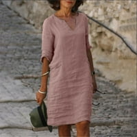 Haljina za žene, Ženska ljetna moda Retro V-izrez bočni džep Jednobojna Haljina kratkih rukava ružičasta