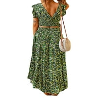 Žene Ljeto Maxi suknje set ruffle rukava V izrez Clort Flowy suknja na plaži odmora