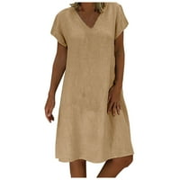 Haljine za žene s kratkim rukavima Solidna moda Srednja dužina A-line V-izrez ljetna haljina Khaki S