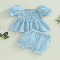 Qinghua novorođenčad djevojčice ljetne odjeće pruga kratkih rukava ruširana haljina na vrhu elastične strugove kratke hlače plava 12- mjeseci