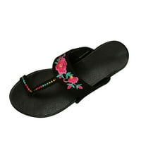 Modne ljetne ženske sandale ravne lagane cvijeće vez etničke stile Thong plaža casual, crna