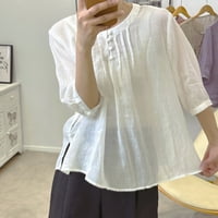 Homodles ženska pamučna i posteljina majica - labav štand ovratnik jedino kolor retro vrhovi bijele