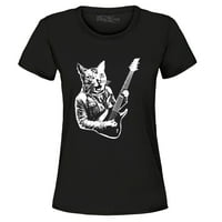 Shop4ever Ženska rocker Kitty Cat svira gitaru Grafikon majica X-Veliki crni