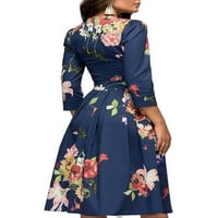 Softmallow Žene Vintage Džebovi dugih rukava Swing haljina Ležerne prilike radne stranke Koktel A-line haljine jesen cvjetno večera retro midi haljina