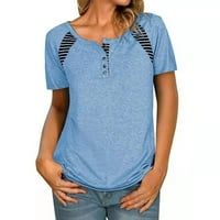 Slatka ženska vrhova Trendy ljetni modni kratki rukav okrugli vrat Stripe ispis vrhova bluza plavi s
