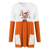 Božićni pulover sa džepom dama slatke jelene Grafičke duge majice za gamaše casual labava majica mini