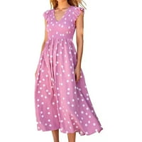 Ženske haljine čišćenje V-izrez Polka dot A-line Dužina gležnja, ljetna haljina s kratkim rukavima ružičasta