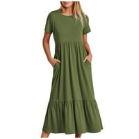 Ženska haljina kratki rukav Crew Swing Flowy Tired Maxi džepovi Noćne haljine Pokloni za mamu Army Green