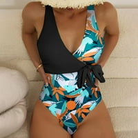 Zkozptok Ženski Jedan kupaći kostimi Bikini Hawaiian Print bez rukava bez rukava za kupalište Cvjetni print Slimping kupaći kostimi, crni, xl