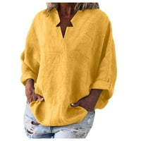 Popust ženske majice s dugim rukavima s dugim rukavima za žene Ležerne prilike pune boje dugih rukava od pamuk i labav majica bluza V-izrez, žuta