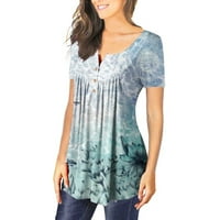 Tunička majica za žene V-izrez kratki rukav ležerni gumb dolje cvjetni plavi xxxl