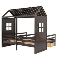 Kreveti sa dvostrukim veličinama sa dvije ladice, drvena platforma Kreveni okvir sa krovom i prozorom