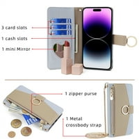 Jiahecover za iPhone 13, modni torbica za križnu karoseriju, otporni na udarcu sa zatvaračem za zipPer nosač metalna kopča sa metalnim remenom ugrađenim ogledalom PU kožna futrola, plava