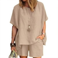 Ženska odijela za ljetne casual Solid Rond vrat pamučne i posteljine šorc sa poketom veličine šljokica Comfy labava fit majica