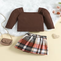 Arvbitana Toddler Girl Plaid suknja Postavite dugi rukav s bluza od pulover za ramena + visoki struk