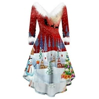 Haljina za ženske haljine ljuljačke krznene V-izrez cvjetne suknje Božićni tisak vitkih dugih rukava koktel haljina haljina
