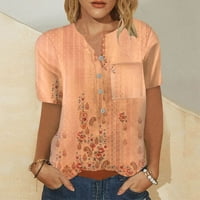 Tking Fashion Womens Ljeto V izrez kratkog rukava gumba za kratki rukav Labavi ispisani majice sa džepom