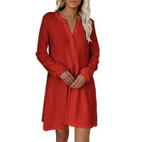 Ženska casual haljina dugih rukava modna čvrsta boja V rect Gumb L l