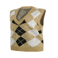 Aturuste ženski džemper prsluk na vrhu casual bez rukava Argyle ispisani V-izrez na velikim blok blok