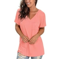 Ženska majica kratkih rukava s kratkim rukavima Osnovna ležerna majica u boji u boji sa džepom ružičastim
