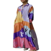 Glookwis Ladies Lapel haljina za patchwork maxi haljina majica kaftan dugi rukav s dugim rukavima dolje