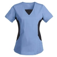 Drpgunly ljetni vrhovi Ženski kratki rukav V-izrez Na vrhu radne boje Solid Patchwork Džepne bluze Žene