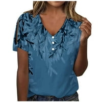 Vremenski ljetni vrhovi za žene Ženska modna casual retro tiskana dugme za okrugle vrat kratkih rukava majica top, plava, l