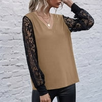 Žene na vrhu Casual Solid Color V-izrez Čipka za patchwork bluza Rođendan Mother Day Pokloni Košulje s dugim rukavima Proljeće Ljeto Plus Veličina vrhova za žene Khaki S