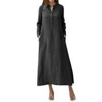 Crne ljetne haljine Maxi elegantni V izrez Basic Solid dugačak sa ženskim haljinama na ovratniku Henley