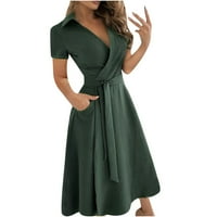 EFSTEB Žene Ljetne haljine Ležerne haljine od pune boje V-izrez Tanka ljetna haljina kratki rukav haljina za zavoj elegantna haljina odjeća za gležnjače haljina zelena m