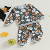 Toddler Baby Boys Halloween Odjeća za bundeve Ghost Ispis dugih rukava Pulover na vrhu Elastične strugove
