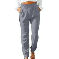 Modne žene Ljetne casual labavo pamučne i posteljine džepove čvrste pantalone hlače pune duljine hlače