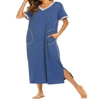 HANERDUN Ženske noćinske ženske solidne boje midi noćne haljine za spavanje plava L